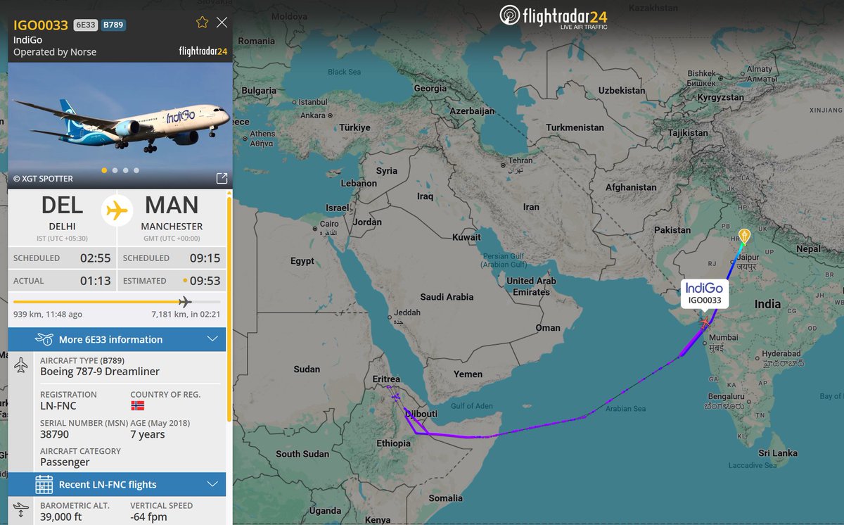 flightradar24's tweet photo. IndiGo flight 6E33 (operated by Norse) made a U-turn on the border between Ethiopia and Eritrea and is returning to Delhi.
This was the first IndiGo Delhi - Manchester flight since the 26th of Feb. https://t.co/McCeAUd2tS