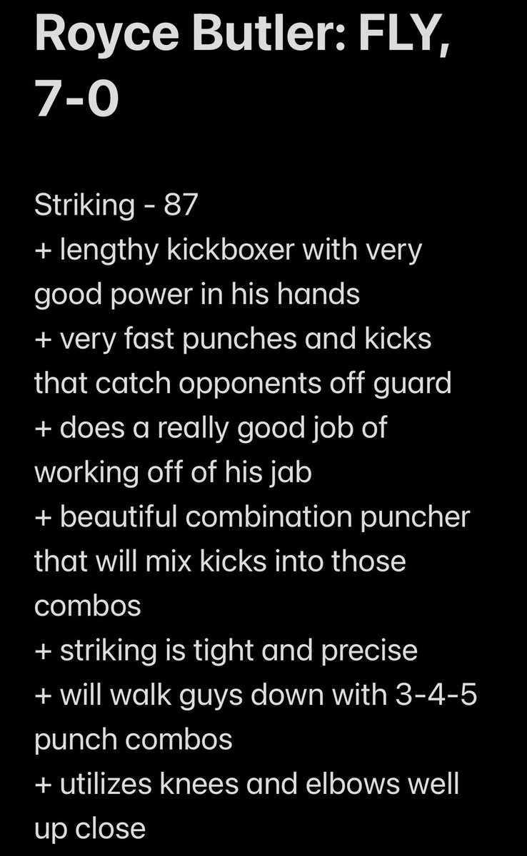 RevolverNyce's tweet photo. Here are my notes on 7-0 Flyweight Prospect, Royce Butler! He is a talented prospect, but his age (32 years old) might mean it is now or never to get a shot at a UFC contract!
#MMA #UFC #DWCS https://t.co/8hhQ23WJzg