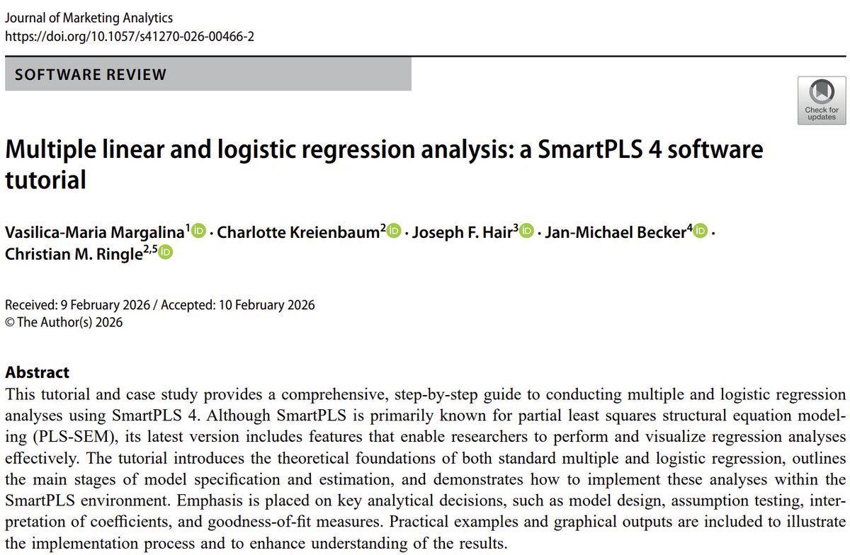 C_M_Ringle's tweet photo. Take a look at our new OPEN ACCESS Journal of Marketing Analytics article: https://t.co/VC39mAPoON

#regression #linearregression #logisticregression #method #analysis #tutorial #SmartPLS #JMA https://t.co/iM8k5gEAi8