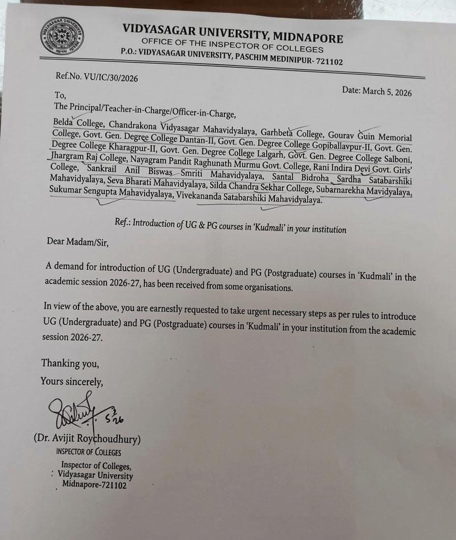 TheKudmiTimes's tweet photo. A written directive has been issued by the Inspector of Colleges of Vidyasagar University, Medinipur, asking affiliated colleges to take necessary steps to introduce UG and PG courses in the Kudmali language from the 2026–2027 academic session.
#VidyasagarUniversity #Kudmali https://t.co/FeKoY90Kev