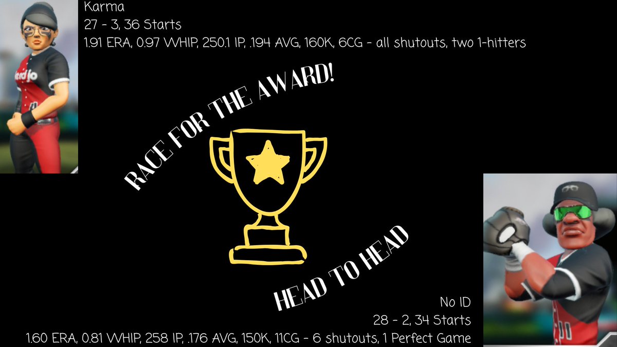 With nearly 3/4ths of the season complete, the race for the best pitcher is coming down to the wire for these teammates! Both <a href="/justlikekarma4/">JustlikeKarma</a> and <a href="/noID_gaming/">no ID gaming</a> have about 11-12 starts remaining barring injury! Who do ya got in this hot pitching race?! #supermegabaseball3