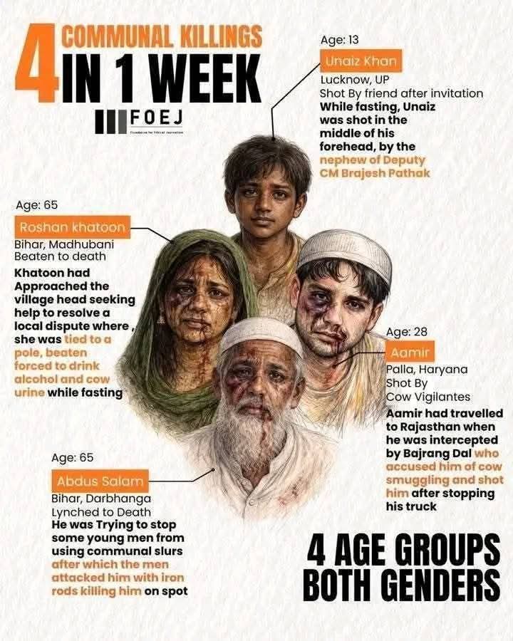 1-एक मुस्लिम बच्चे को रोजे की हालत में घर बुलाकर गोली मार दी गई...
2-एक 12 साल के बच्चे को बारात के पैसे लेने की वजह से गोली मार दी गई...
3- कुछ दिन पहले एक नौजवान मुस्लिम ट्रक ड्राइवर को मुस्लिम पहचान की वजह से मार दिया गया...

ये सारे ऐसे मामले है जों महज उदाहरण हैं…
ऐसे मामले