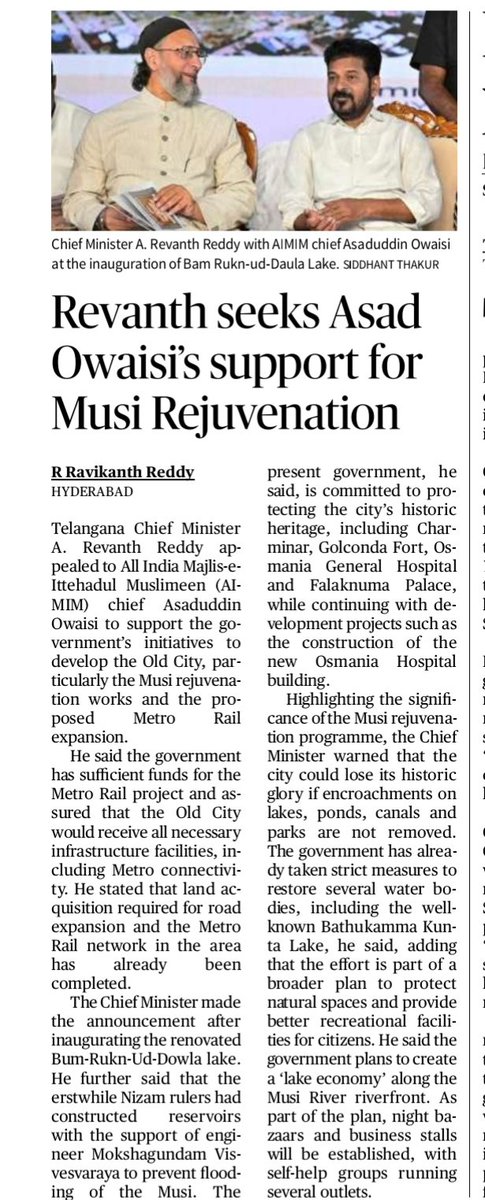 revanthannanews's tweet image. 🌟Revanth seeks Owaisi support for Musi rejuvenation
🔹 CM appeals to @asadowaisi  to back #Musiproject and Old City development
🔹 Assures Metro expansion and infrastructure boost for Old City
@revanth_anumula #Telangana
