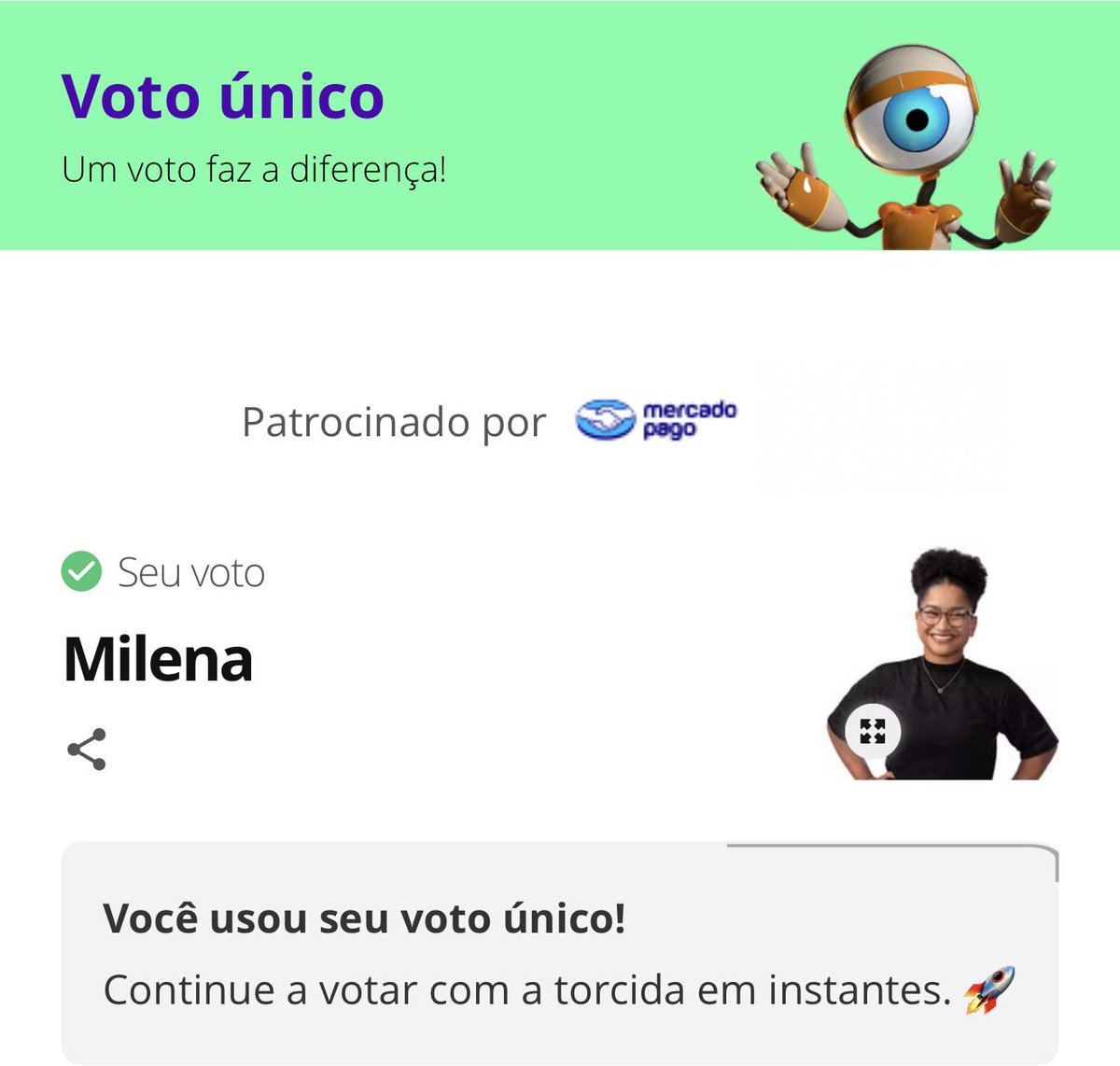Já dei meu voto único e joguei fora, só pq não gosto dela nem que me pague Milena chata pra C4r4lh 🗣️

mas sou #ForaBabu #bbb26