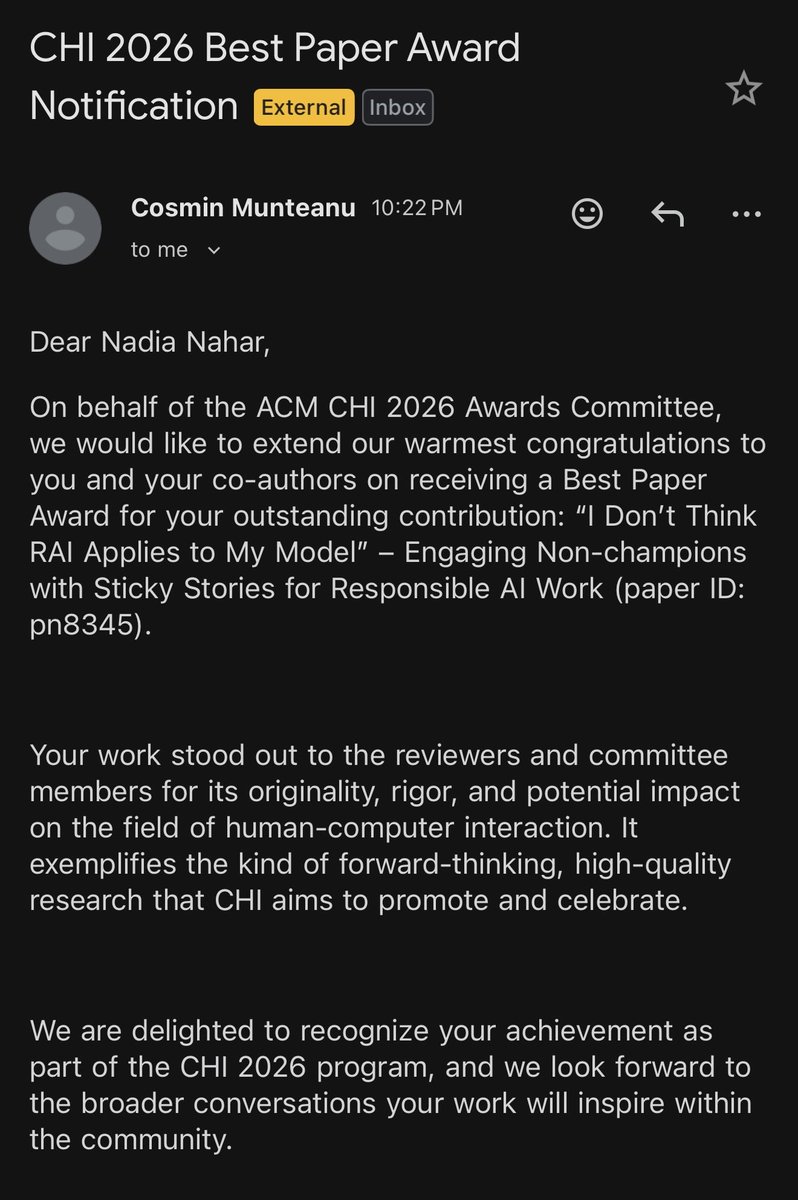 So thrilled to share that our paper received best paper award at #CHI2026! 🏆✨

Huge thanks to my incredible co-authors and the HCI community for the support. See you in Barcelona!