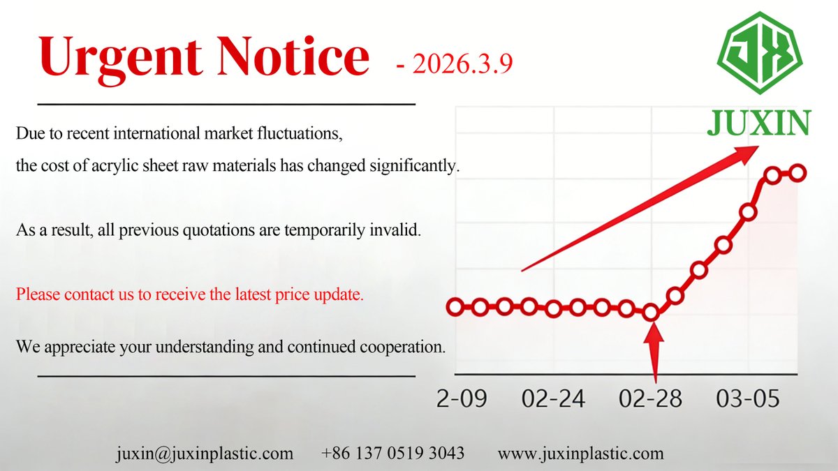 ⚠️ Urgent Notice

The cost of acrylic sheet raw materials has changed significantly.
Please contact us to receive the latest price update.

📱+86 137 0519 3043
☎ +86 516 8336 3521
⌨ juxinplastic.com
📧 juxin@juxinplastic.com

#juxin #juxinacrylic #Juxinpvc #acrylicshee
