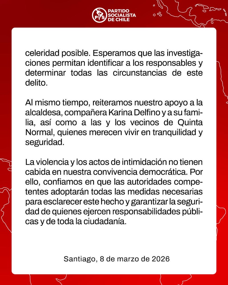PSChile's tweet photo. El Partido Socialista de Chile expresa su solidaridad y respaldo a la alcaldesa de Quinta Normal, compañera Karina Delfino, tras el grave hecho ocurrido este domingo, cuando un cadáver fue abandonado frente a su https://t.co/X7Opz9VGUF