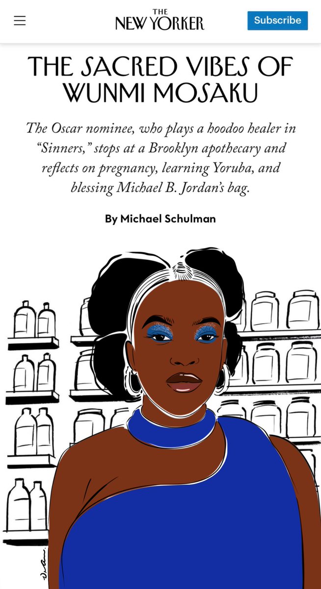 Apparently, The New Yorker ran a story with an illustration of Wunmi Mosaku that was obviously not intended to represent her well, so I redid it real quick in a similar style. Took 15 minutes &amp; a love of Black women ❤️