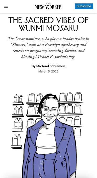 Apparently, The New Yorker ran a story with an illustration of Wunmi Mosaku that was obviously not intended to represent her well, so I redid it real quick in a similar style. Took 15 minutes &amp; a love of Black women ❤️ 
