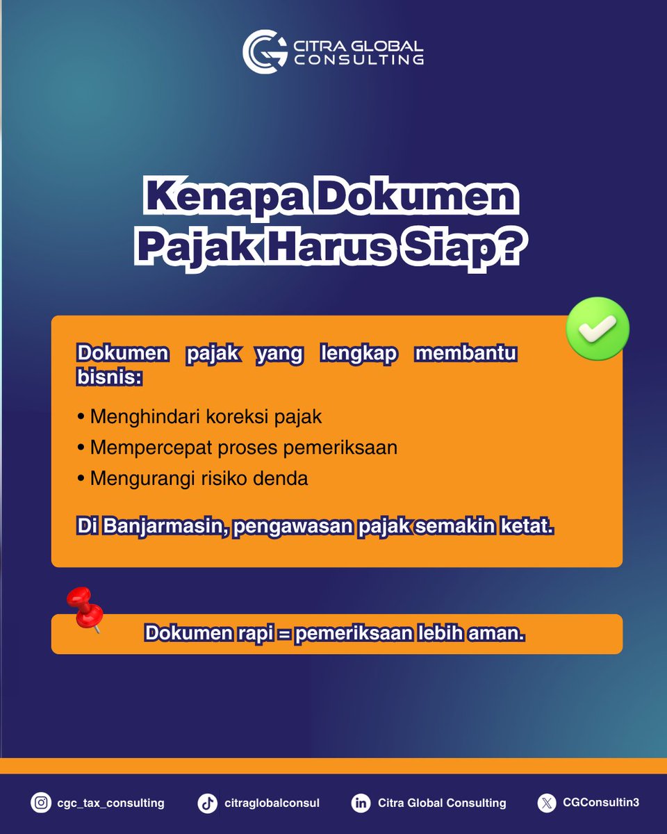 CGConsulting3's tweet photo. Bayangkan jika pemeriksaan pajak datang hari ini!
Apakah dokumen bisnis Anda sudah siap?  

Banyak bisnis di Banjarmasin panik saat audit karena dokumen pajak tidak lengkap atau pencatatan tidak rapi.
#DokumenPajak #PemeriksaanPajak #PajakBisnis #Banjarmasin #KonsultanPajak https://t.co/WEM9HT4AIz