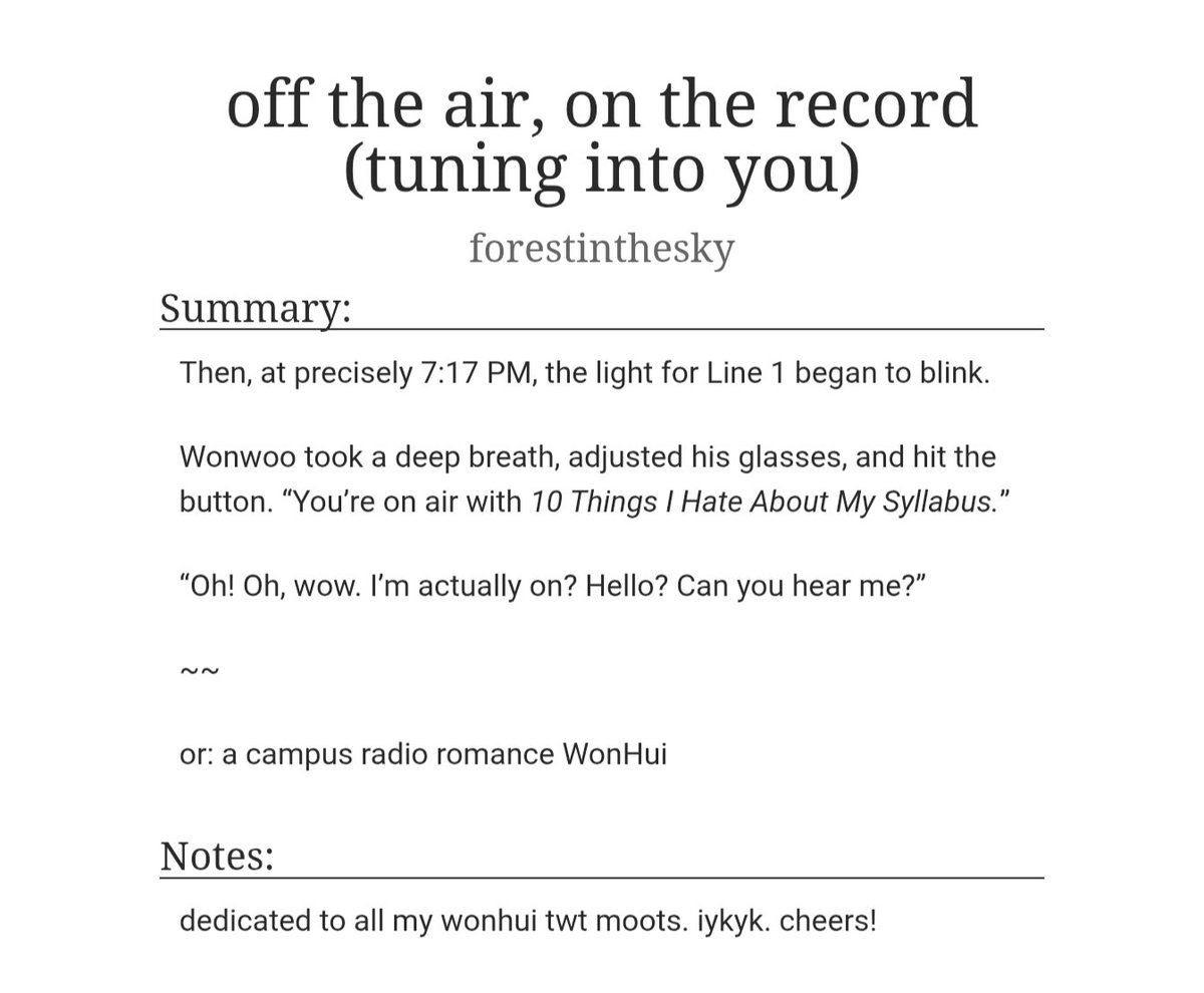 off the air, on the record (tuning into you)
#wonhui

— completed
archiveofourown.org/works/80099576…