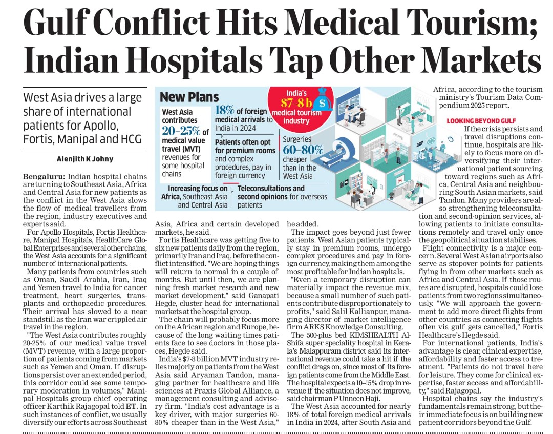 Alen_ET's tweet photo. Indian hospital chains like Apollo, Fortis, and Manipal are seeing a sharp drop in Middle Eastern patients as regional conflict has crippled air travel. https://t.co/C0sEEFR00t