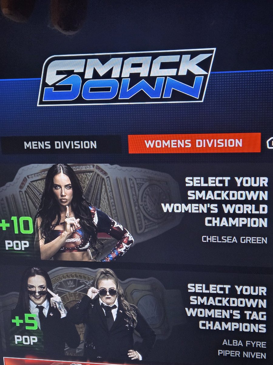 DarkestFortune's tweet photo. Did I put @ImChelseaGreen as Smackdown Champ in my GM mode? You bet your ass. Also @PiperNivenWWE and @wwe_alba as tag champs because they deserve it! Let's go get some ratings ladies! #SecretHervice #SpecialSlaygent #WWE2K26 https://t.co/6RosHZfvxY