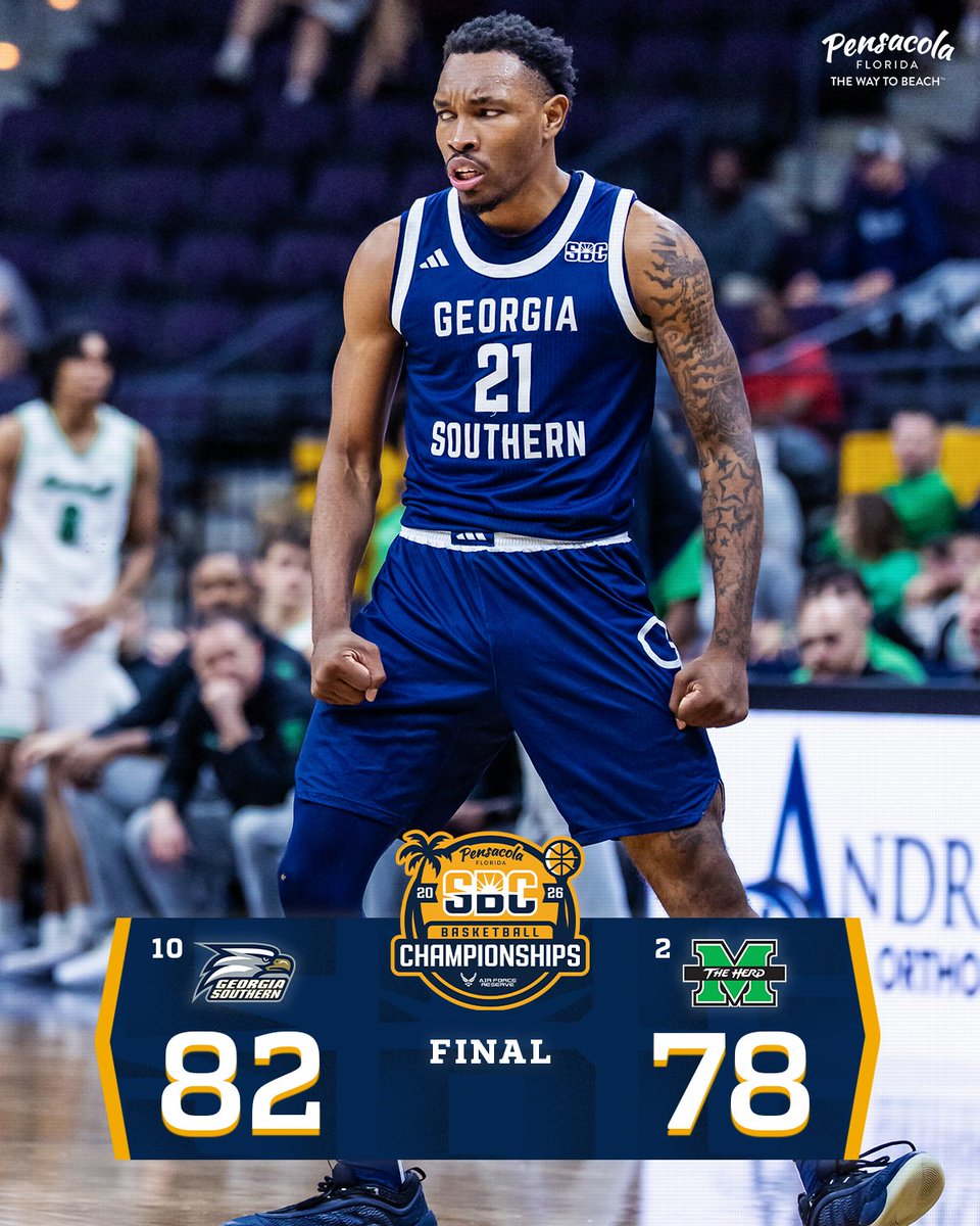 𝗘𝗔𝗚𝗟𝗘𝗦 𝗧𝗢 𝗧𝗛𝗘 𝗧𝗜𝗧𝗟𝗘 𝗚𝗔𝗠𝗘.

(10) <a href="/GSAthletics_MBB/">Georgia Southern Men's Basketball</a> outlasts (2) <a href="/Herd_MBB/">Marshall Men's Basketball</a>, 82-78, to reach the title game at the 2026 <a href="/VisitPensacola/">Pensacola Florida</a> #SunBeltMBB Championship presented by <a href="/Join_AFReserve/">Air Force Reserve Recruiting</a>. ☀️🏀