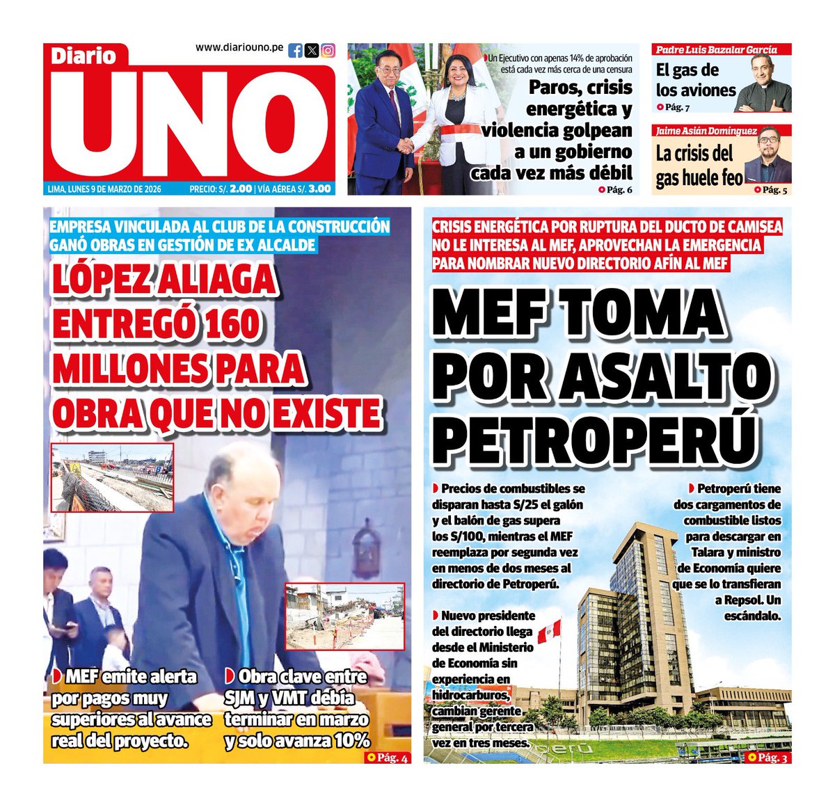 🗞️ Compartimos con ustedes la portada de Diario UNO del lunes 09 de marzo de 2026