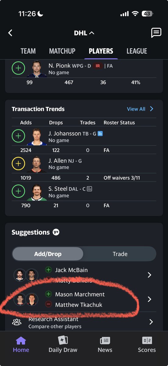Thank you <a href="/YahooFantasy/">Yahoo Fantasy Sports</a> for commenting drop Matthew Tkatchuk for Marchment 🤦🏻‍♂️