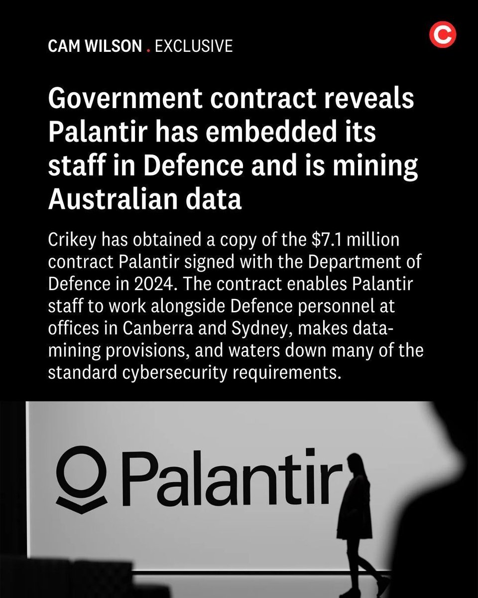 crikey_news's tweet photo. Palantir staff working in Defence offices. Removing standard audit requirements. Watering down cyber-attack reporting. That’s the deal that the surveillance giant got with the Australian government. 

Read the report here: https://t.co/PMHsPSg50o https://t.co/bZgzFodJQW