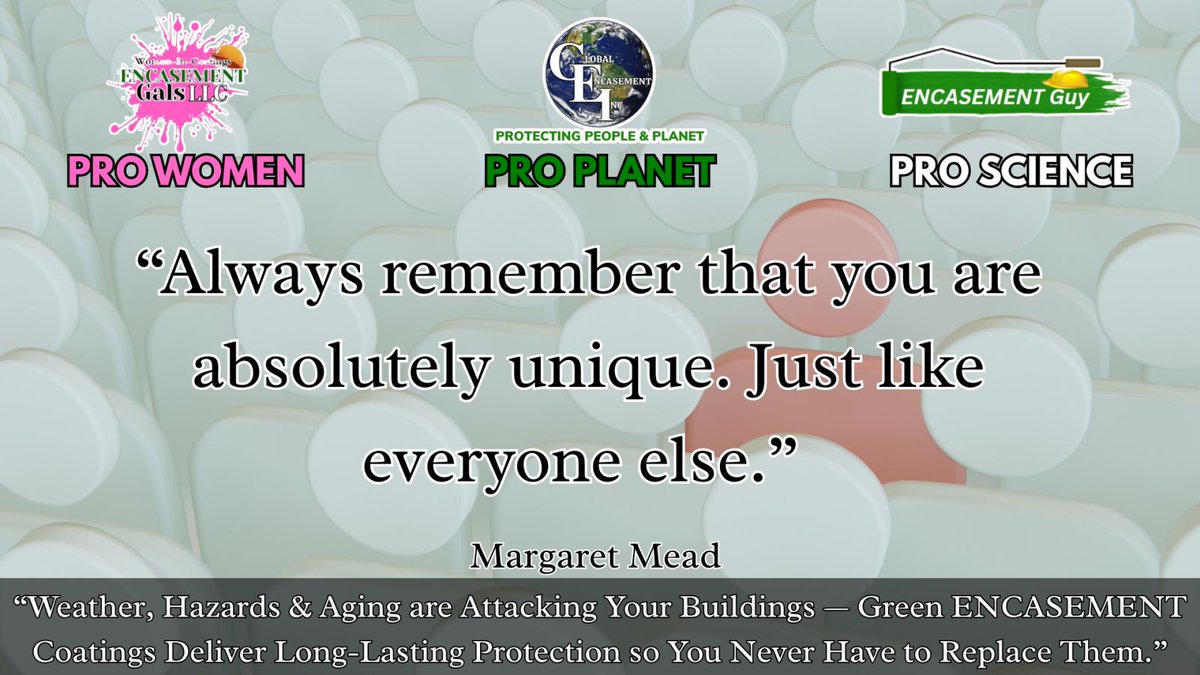 EncasementGals's tweet image. 🌟 You are one of a kind. Never forget that.

✨ Celebrate your uniqueness—and help build a world worth protecting.

👉 Contact Us Now &amp;amp; Learn how Green ENCASEMENT coatings can protect your buildings for decades:
encasementgals.com/contact-us-pag…

#ProWomen #ProPlanet #ProScience