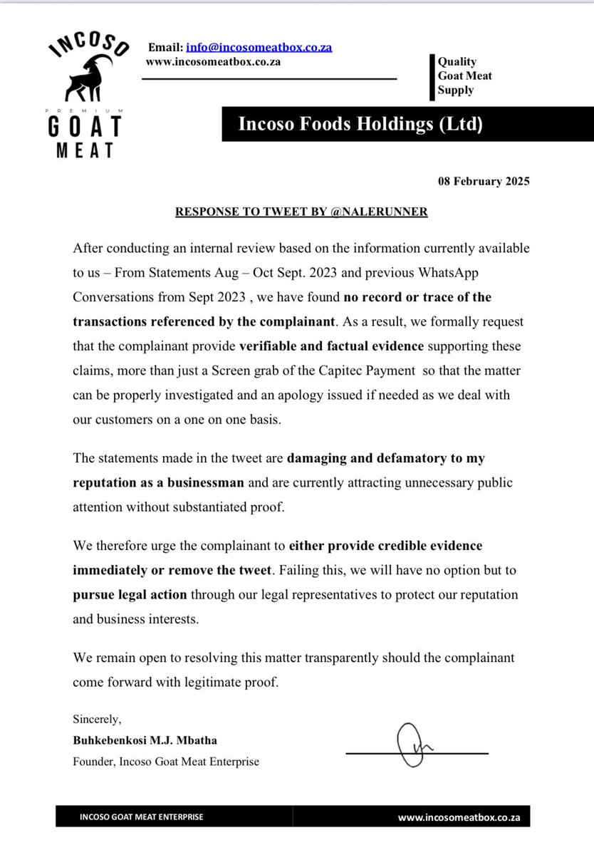 GoatmeatBoxes's tweet photo. @NaleRunner We have investigated the claims in this tweet and found no record of the alleged transaction. Please provide verifiable evidence via email or DM or WhatsApp line or remove the tweet immediately in the next 48hours, failing which legal action will follow. https://t.co/bZOE9Tlh9e