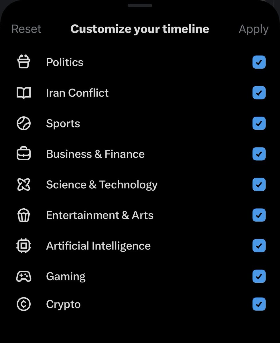 pastorthacker's tweet photo. @elonmusk I doubt you’ll see this but I’ll give it a try.

The customizable timeline is a perfect idea, but when clicking to filter it, it auto-selects everything. Deselecting all options should be the starting point, or at minimum, a button to click. There’s my two cents. :) https://t.co/c7zll7zFGO