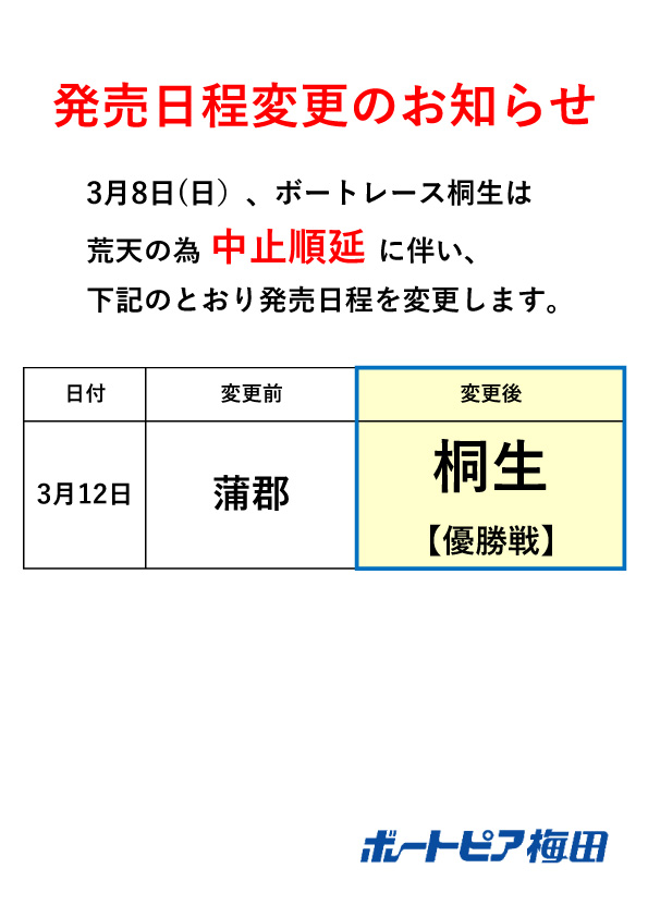 【発売日程変更のお知らせ】  

3月8日（日）
ボートレース桐生の中止順延に伴い、 
発売日程を次のとおり変更いたします。  
あしからずご了承下さい。  
 
3月12日(木) 
＜変更前＞ ボートレース蒲郡　 　　　　　  
＜変更後＞ ボートレース桐生　優勝戦