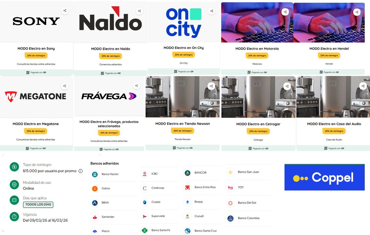 ahorrotwit's tweet photo. ¡ALERTA DE AHORRO ELECTRO! 🚨🔥 

¿Fanático de la tecnología? No te pierdas #ElectroFans: ¡20% de REINTEGRO al pagar con @MODO_Arg en TODOS estos locales (chequeá la foto abajo) y con CUALQUIER banco participante! 💸📱💻 

Ahorra en grande y comparte con tus amigos para no perdértelo. ¿Quién se suma? RT si vas a aprovechar! #AhorroExtremo #OfertasArgentina #Tecnologia #ModoArg