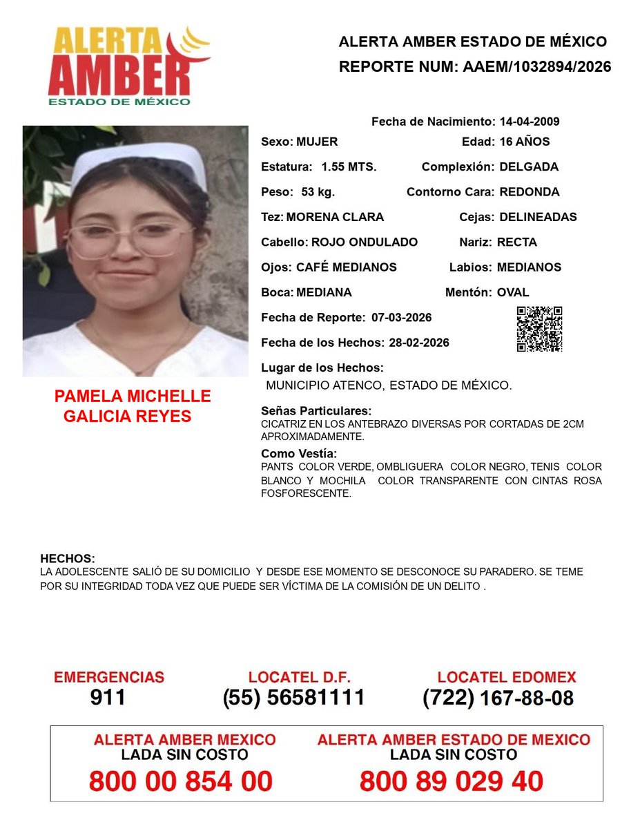 📍Tu apoyo es importante, ayúdanos a difundir, cualquier información para localizar a la siguiente persona comunícate al 📷 800 890 2940 Alerta Amber EDOMEX y 📷.