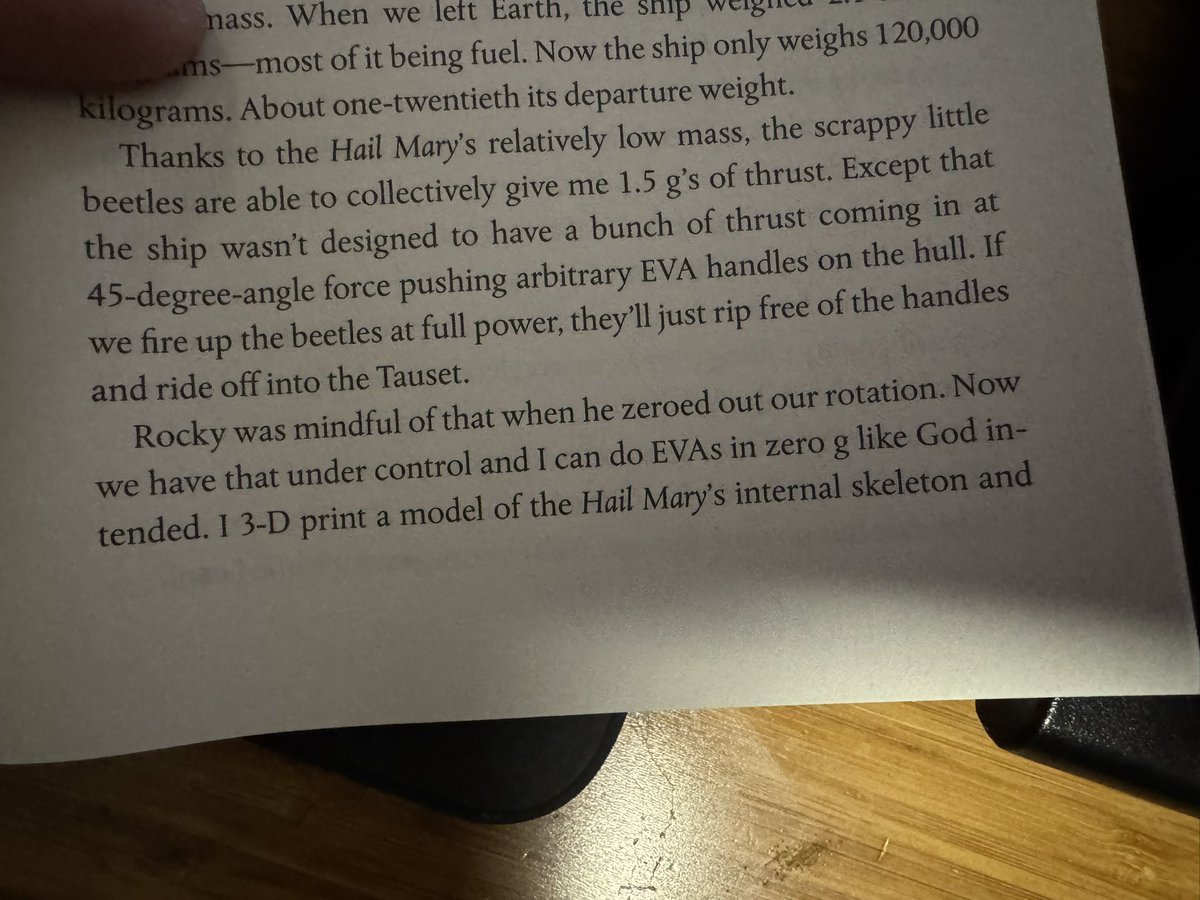mindnotnull's tweet photo. @andyweirauthor how did Rocky inspect the 3D Printed of the Hail Mary’s internal structure? It would have melted…
Chapter 23, pages 387 and 388. https://t.co/r8fIR8k2I3