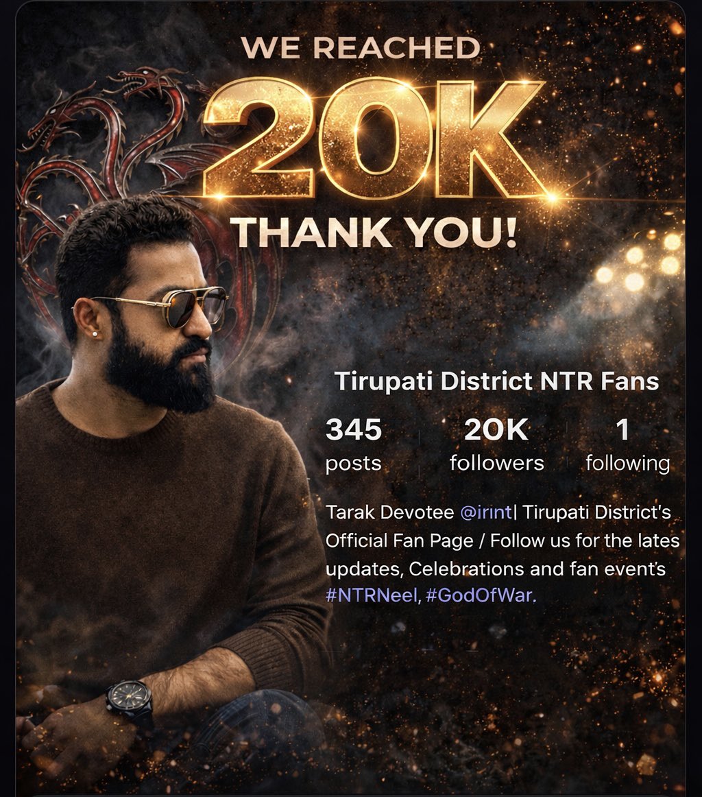 20K Followers on Instagram ❤️‍🔥

Thank you to all co fans for your amazing support.

May 20th mass Hero ki, Mass Celebrations Rural areas loo ela jaruguthayoooo chupista 🤗❤️‍🔥

<a href="/tarak9999/">Jr NTR</a> #ManOfMassesNTR