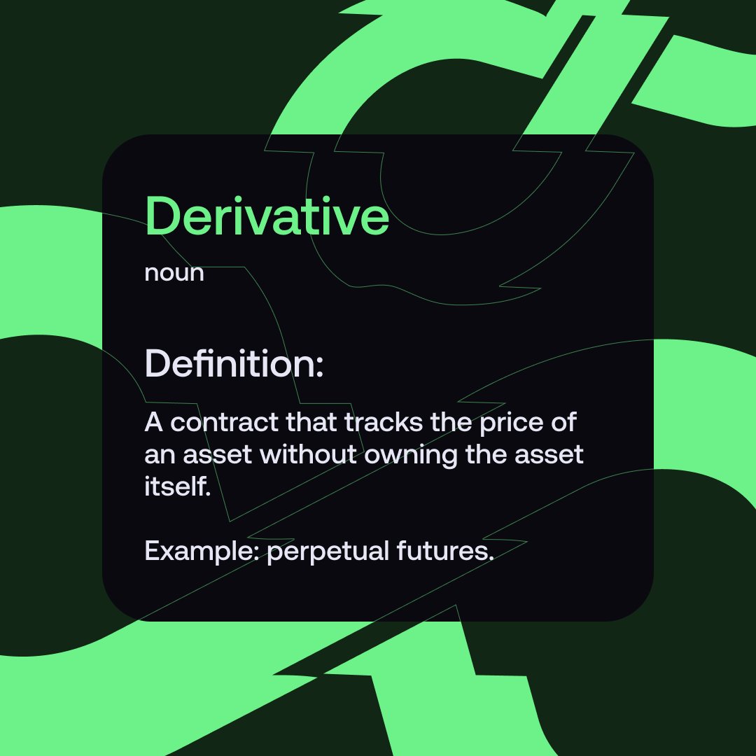 A financial contract whose value comes from an underlying asset such as BTC, ETH, or gold

Instead of buying the asset itself, traders speculate on its price movement

Perpetual futures are the most common type of derivative in crypto trading

Eterna - <a href="/Eterna_Hybrid/">Eterna Hybrid Exchange</a>