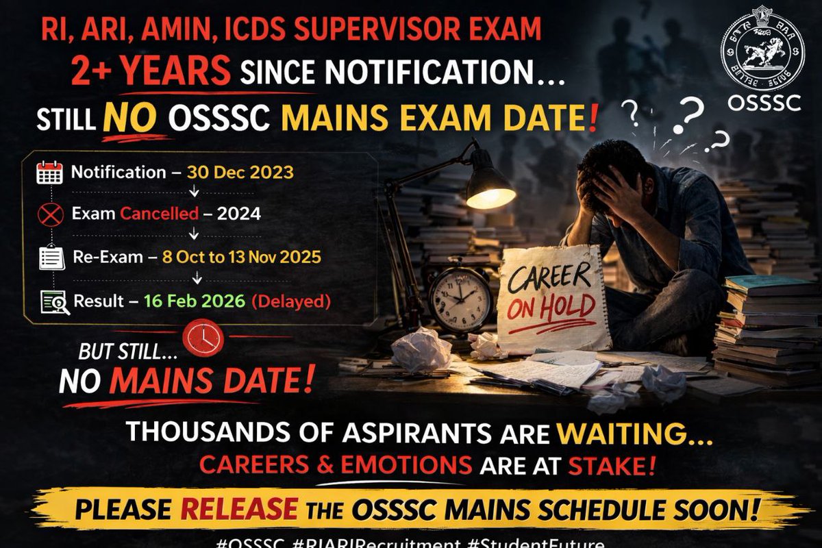 JagadishKishan2's tweet photo. @SecyChief @MohanMOdisha @CMO_Odisha @rdmodisha
More than two years since notification come ,Exam cancelled, re-exam conducted, result delayed and still no Mains date announced.
Thousands of aspirants careers on hold.

Please release the Mains schedule soon. https://t.co/nCGHWmsgtR