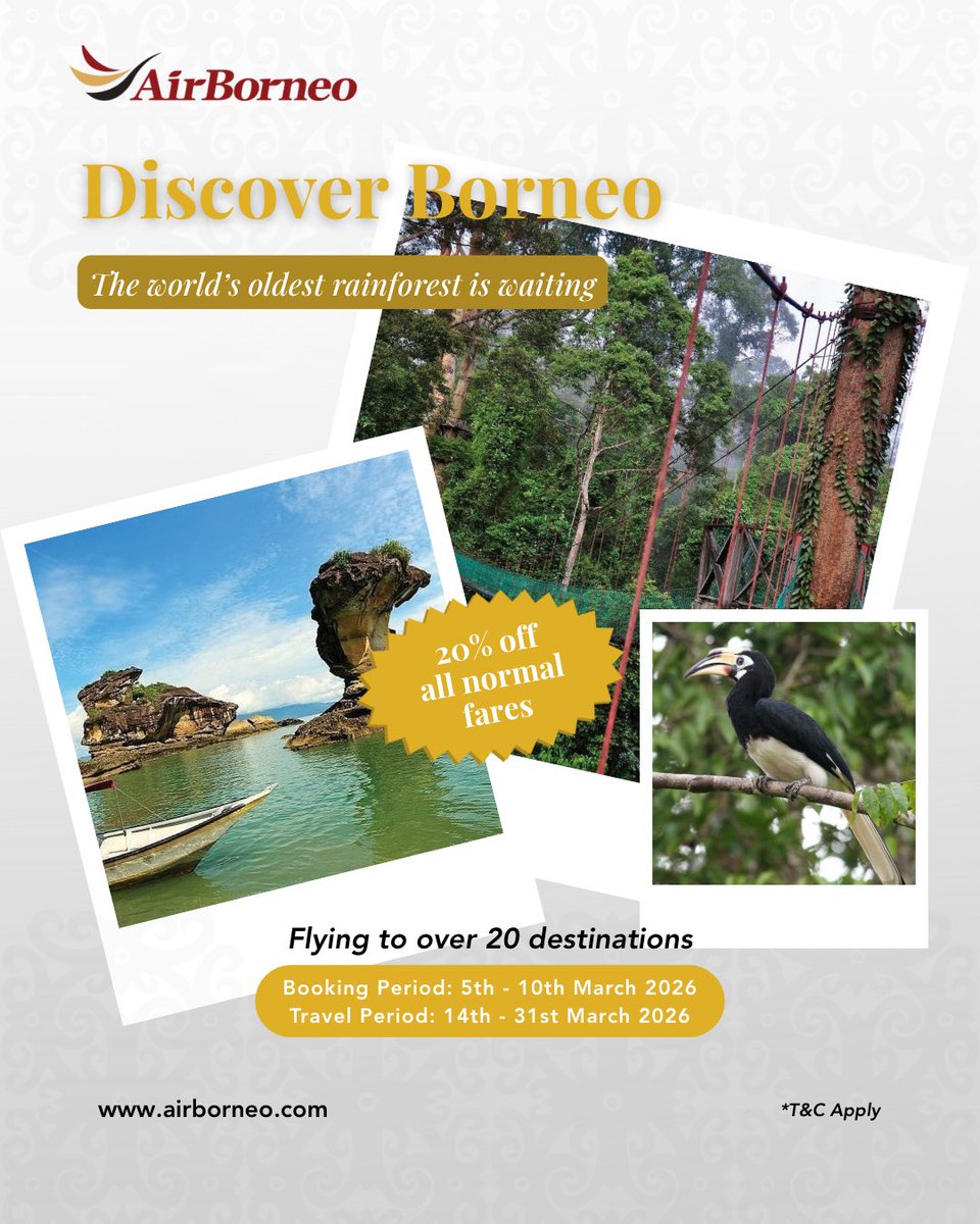 Paradise is closer than you think and 20% cheaper! 

Experience the magic of the Borneo rainforest with our "Wanderlust" special. 20% OFF all normal fares!

Book: 5 – 10 March
Fly: 14 – 31 March

Don’t just dream it, book it at airborneo.com