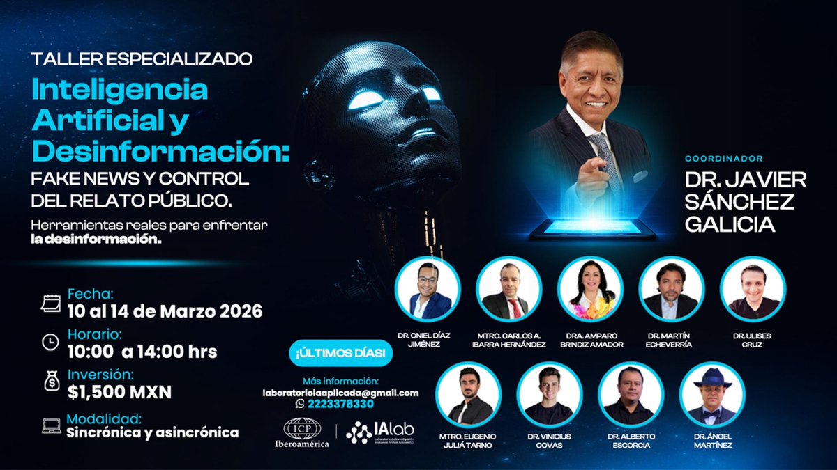 IA y desinformación: una espada de doble filo, en la era digital.

No te pierdas este taller en el que 10 especialistas, explicamos cómo la inteligencia artificial (IA) no solo es una herramienta poderosa para crear contenido, sino que también ha convertido la desinformación en