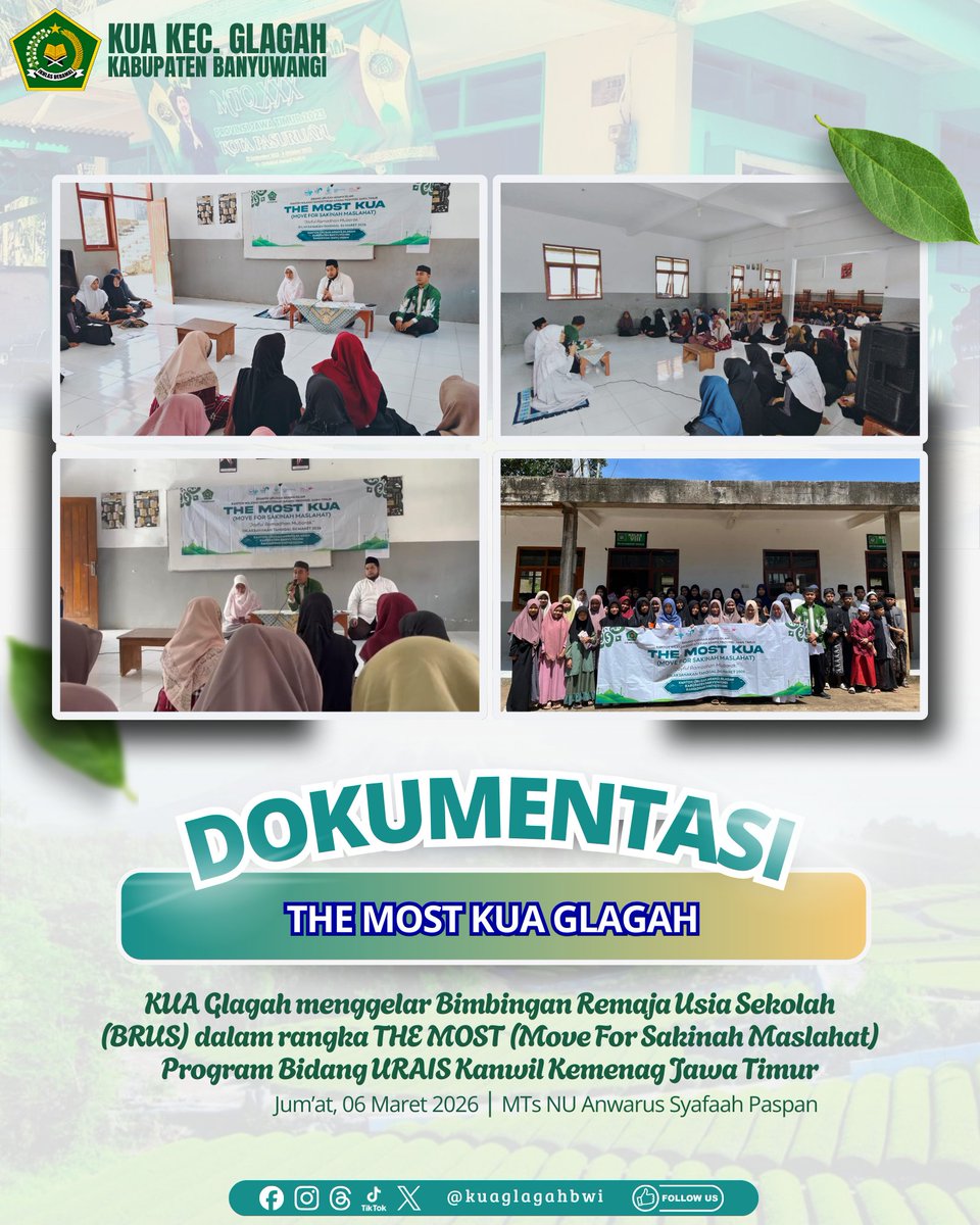kuaglagah's tweet photo. THE MOST “Joyful Ramadhan Mubarak” di MTs NU Anwarus Syafaah Paspan

KUA Kecamatan Glagah melaksanakan kegiatan Bimbingan Remaja Usia Sekolah (BRUS) dalam program THE MOST (Move For Sakinah Maslahat) pada Jum’at, 06 Maret 2026 di MTs NU Anwarus Syafaah Desa Paspan. https://t.co/P2qDwx2LbZ