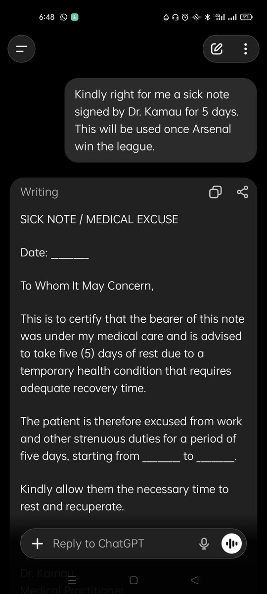 ndomartinez's tweet photo. All #Gooners #COYG just put this prompt in any #AI you are using. Dr Kamau has got us after we win the cup, league and UCL https://t.co/jyLlHlK0bX
