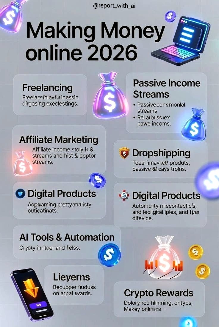 report_with_ai's tweet photo. Authority Hook There are 10+ ways to make money online in 2026.

I’m giving away a Make Money Online 2026 playbook covering:

•Freelancing
•Dropshipping
•Digital Products
•AI Automation
•Crypto Rewards
•Affiliate Marketing

To enter:
1️⃣Follow
2️⃣Like + RT
3️⃣Comment “MONEY” https://t.co/EZKHK4UrBx