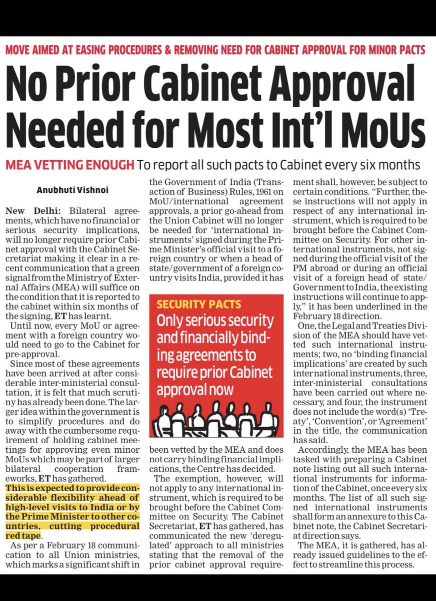 anubhutivishnoi's tweet photo. Govt shifts rulebook 👇🏼
No prior Cabinet approval needed for bulk of international MoUs now on- except those financially binding or of high security concern
* MEA to vet all other agreements & take them to Cabinet every 6 months
* inter ministerial checks continue
AIM- cut the red tape
@ETPolitics
https://t.co/KS3FLCCZzD