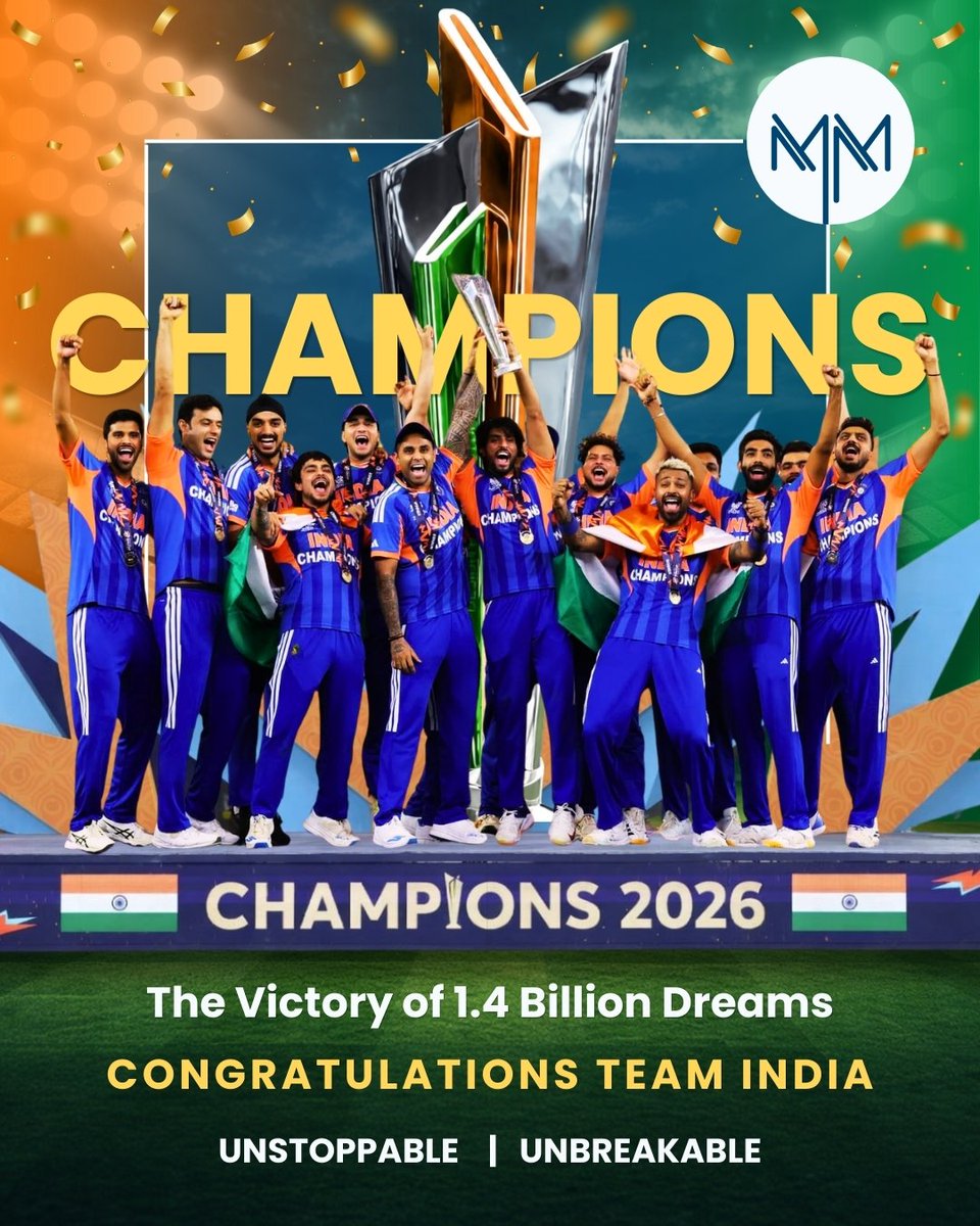 MatrixMediaSol's tweet photo. What a moment of pride for the entire nation!

1.4 billion hearts beat as one as Team India rises to the top and brings the trophy home.

Congratulations Team India!

The dream of a nation is now a celebration of victory.💙

#TeamIndia #Champions2026 #ProudMoment #IndiaWins https://t.co/rj4pLDghcx