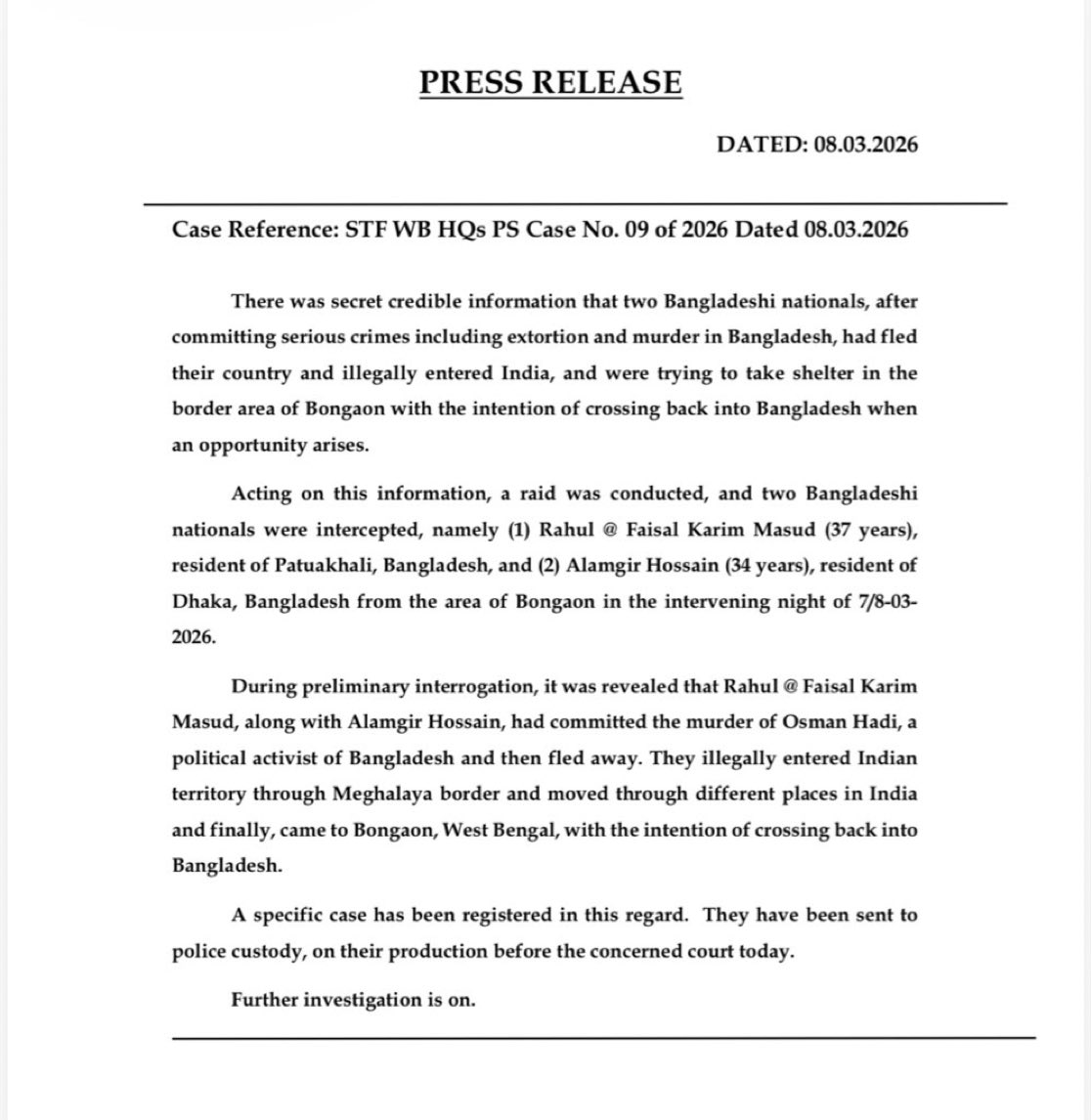 SreyashiDey's tweet photo. #WestBengal #STF arrests 2 accused #Bangladeshis from #Bongaon for the murder of political activist #OsmanHadi. The STF states, the two accused had entered India illegally through #Meghalaya. https://t.co/nTUZp1ZrdY