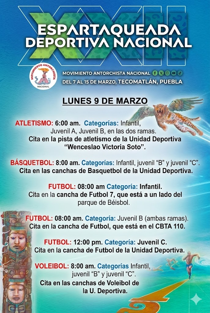 Este lunes 9 de marzo continúan las competencias de la XXII Espartaqueada Deportiva Nacional en Tecomatlán, Puebla.
🏃 Atletismo 6:00 am
🏀⚽🏐Juegos desde las 8:00 am

#EspartaqueadaDeportiva #AntorchaEsDeporte