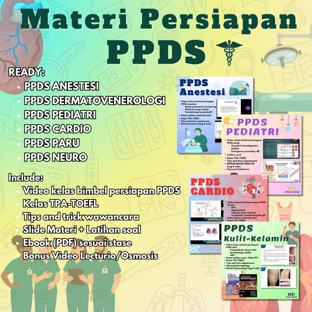 mediscus_cpr's tweet photo. NEW DRIVE MATERI PERSIAPAN PPDS
Include:
- Video kelas persiapan PPDS
- Latihan soal
- Kelas TPA, TOEFL, Wawancara
- Video Osmosis+Lecturio
- Ebook sesuai prodi

PRODI:
Anestesi, Cardio, Dermato, Interna, Paru, Pediatri, Neuro, Ortho, Obgyn
289rb/prodi
#ppds #fk #kedokteran https://t.co/fu1RbvQJMM