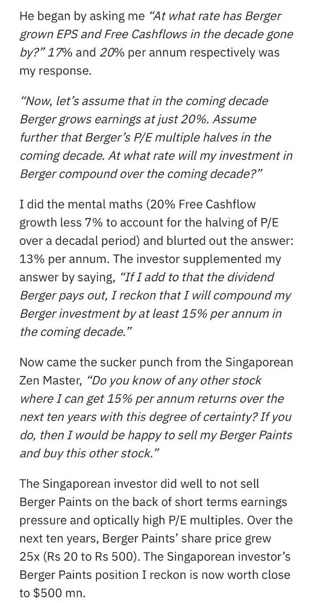 CAronitpereira's tweet photo. Saurabh Mukherjea’s (Marcellus) meeting with Pulak Prasad (Nalanda Capital) in 2010

Saurabh wanted Pulak to sell $30 Million worth of Berger Paints. 

However, Pulak with his astonishingly wonderful simple argument - denied the deal.

Result- $300 Million plus gains for Nalanda https://t.co/gE6d3NWY7f