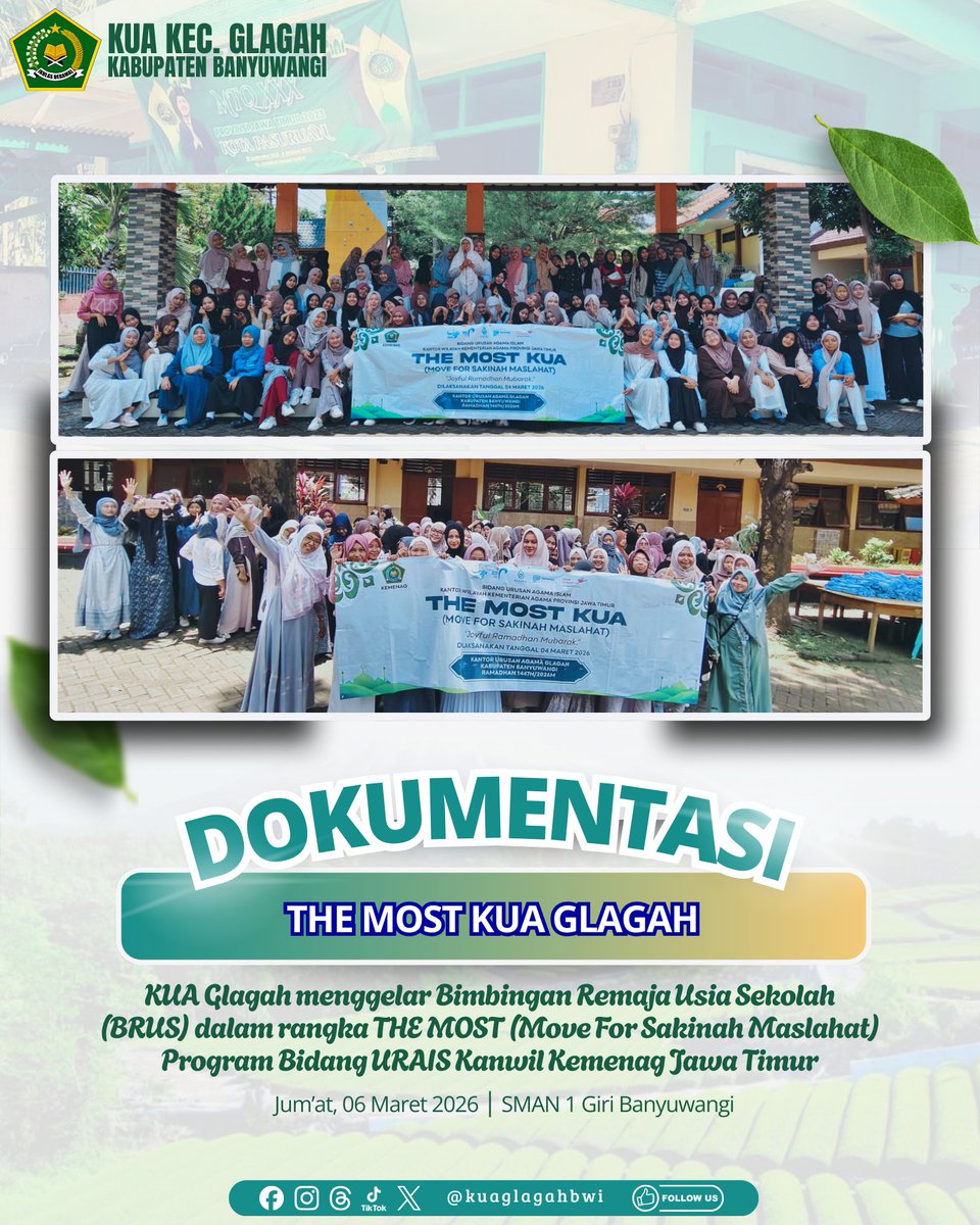 kuaglagah's tweet photo. KUA Glagah Gelar BRUS program THE MOST (Move For Sakinah Maslahat) bertema “Joyful Ramadhan Mubarak”, KUA Kecamatan Glagah melaksanakan kegiatan Bimbingan Remaja Usia Sekolah (BRUS) bagi siswi-siswi SMAN 1 Giri pada Jum’at, 06 Maret 2026 pukul 12.00 WIB. https://t.co/ABSGpqjjXf
