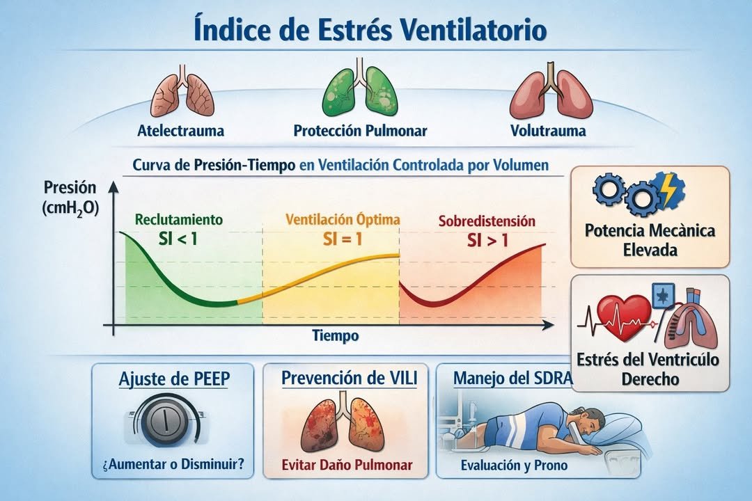 LeslieMegom's tweet photo. 📝Índice de Estrés Ventilatorio.
"La óptima PEEP no es el que más sube la PaO₂, sino el que mejora homogeneidad pulmonar sin castigar al VD. "
🔰Notas cafeteras ☕️
📎El Ventilator Stress Index (SI) es un parámetro derivado de la forma de la curva de presión-tiempo durante ventilación controlada por volumen con flujo constante. Este índice permite inferir el grado de estrés dinámico aplicado al pulmón durante la inspiración, proporcionando una herramienta fisiológica para evaluar la homogeneidad de la distensibilidad pulmonar y el riesgo de ventilación. VILI.
🫁La integración de estos tres conceptos parte de una idea central: en el SDRA no basta con “oxigenar” ni con “bajar la presión plateau”; hay que minimizar la lesión pulmonar inducida por ventilador y, al mismo tiempo, evitar el colapso hemodinámico del ventrículo derecho y la ineficiencia cardiovascular. La literatura reciente enfatiza que la ventilación en SDRA debe entenderse como una intervención cardiopulmonar acoplada, donde cada ajuste de PEEP, volumen corriente, flujo o frecuencia modifica simultáneamente el estrés alveolar, la carga vascular pulmonar y el desempeño del ventrículo derecho.🫀
Integración del Stress Index.
✒️El concepto surge del análisis matemático de la ecuación de movimiento del sistema respiratorio.
▪️b = Stress Index
▪️b < 1 → distensibilidad creciente (reclutamiento durante inspiración)
▪️b = 1 → distensibilidad constante
▪️b > 1 → distensibilidad decreciente (sobredistensión).
📝Por lo tanto, el índice refleja cómo cambia la distensibilidad pulmonar durante la inspiración, siendo un indicador indirecto de reclutamiento o sobredistensión alveolar.🫁
✳️Interpretación clínica del Stress Index.
▪️Stress Index Interpretación fisiológica Implicación ventilatoria
▪️< 1 Distensibilidad creciente Reclutamiento alveolar durante la inspiración.
▪️≈ 1 Distensibilidad constante Ventilación protectora óptima
▪️> 1 Distensibilidad decreciente Sobredistensión alveolar
🫁Representación de la curva presión-tiempo
🫁Concavidad hacia abajo → reclutamiento (SI <1)
🫁Línea recta → ventilación adecuada (SI ≈1)
📚Concavidad hacia arriba → sobredistensión (SI >1)
Aplicaciones clínicas en UCI
➡️1. Optimización de PEEP
▪️El stress index permite ajustar la PEEP de forma fisiológica.
➡️SI <1
▪️→ PEEP insuficiente
▪️→ existe reclutamiento durante inspiración
▪️→ aumentar PEEP
➡️SI >1
▪️→ sobredistensión alveolar
▪️→ disminuir PEEP o VT
▶️Esto permite encontrar el equilibrio entre reclutamiento y sobredistensión.🫁
☢️Prevención de VILI
▪️El índice detecta dos mecanismos principales de lesión pulmonar inducida por ventilador:
🫁Atelectrauma
▪️SI <1
▪️→ colapso alveolar con reclutamiento cíclico.
🫁Volutrauma
▪️SI >1
▪️→ sobredistensión alveolar.
🫁La ventilación protectora ideal busca:
▶️Stress\ Index ≈ 1
▪️Evaluación dinámica del pulmón en SDRA
▪️En el SDRA heterogéneo, diferentes unidades pulmonares tienen distinta distensibilidad.
▪️El stress index permite detectar:
▪️Pulmón colapsado reclutable
▪️Pulmón sobredistendido
▪️Ventilación homogénea
🫁Esto lo convierte en una herramienta útil cuando no se dispone de tomografía o EIT.
📝El stress index debe interpretarse junto con:
🫁Poder mecánico 
🫁Energía total entregada al pulmón.
🫁Driving Pressure
🫁ΔP = P_{plat} - PEEP
Compliance dinámica
▪️Fenotipos pulmonares del SDRA
▪️La ventilación más segura ocurre cuando:
▪️Driving pressure < 15 cmH₂O
▪️Poder Mecánico < 17 J/min
🫁Stress Index ≈ 1
➡️Limitaciones del Stress Index🫁
🟡1. Solo es confiable en ventilación controlada por volumen con flujo constante.
🟢2. Requiere ausencia de respiración espontánea.
🔵3. No identifica heterogeneidad regional pulmonar.
🟣4. Puede verse afectado por: Resistencia de la vía aérea, secreciones, broncoespasmo.
📝Evidencia clínica relevante
➡️Estudios fisiológicos y revisiones recientes muestran que el stress index: 🟢Correlaciona con sobredistensión alveolar en CT pulmonar, mejora la titulación de..👇🏽👇🏽