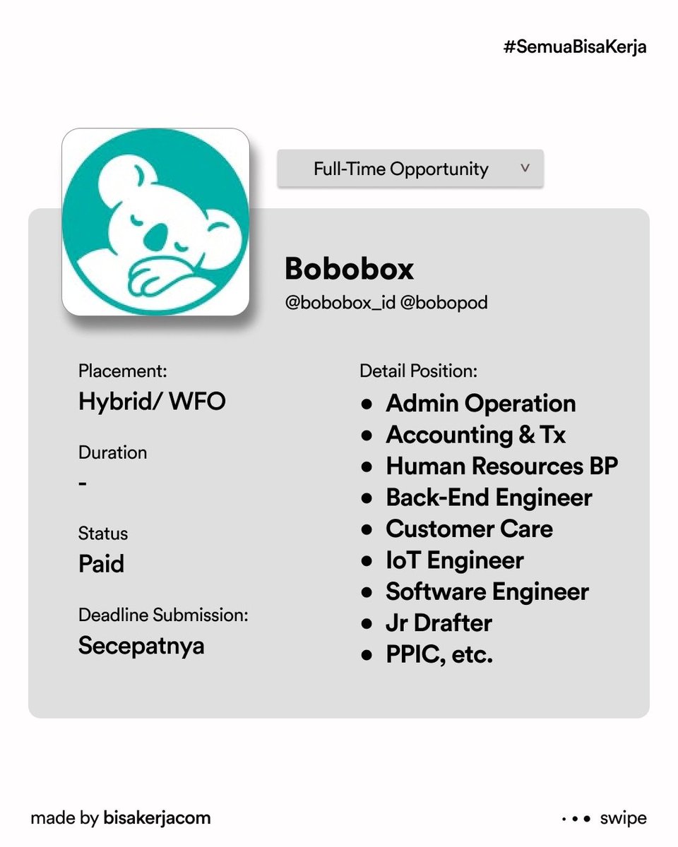 [Kompilasi Lowongan]

Gramedia gramedia.id/careers
More info: instagram.com/p/DVYFUcCAcfc/…

DBL Indo recruitment@dblindonesia.com
More info: instagram.com/p/DVnNJlFgUJW/… 

OLX (Astra Group) olxindo.id/CareerAstraOLX…
More info: instagram.com/p/DVhpmiKj09C/…

Bobobox careers.bobobox.com
More