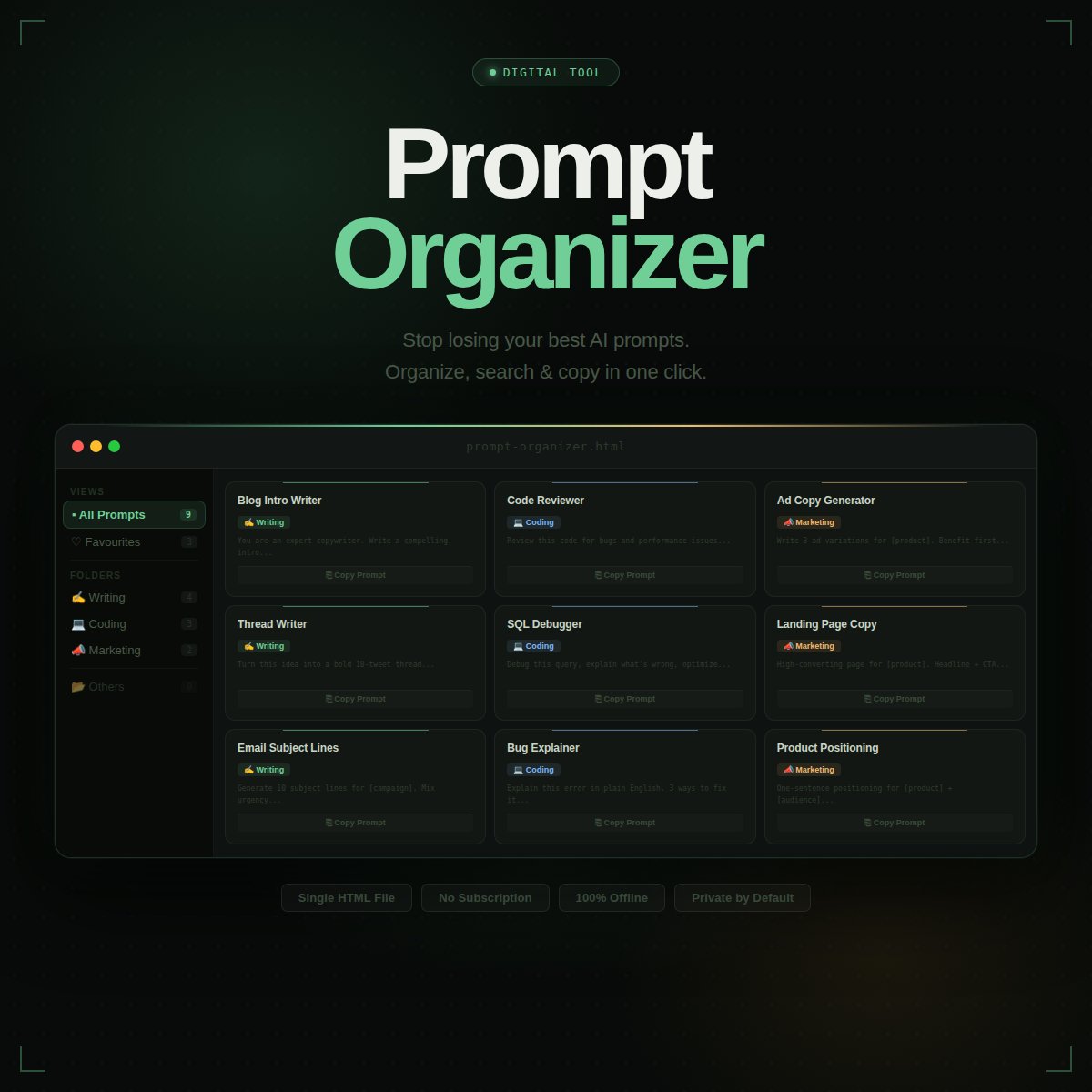 built a single HTML file that organizes all your AI prompts
folders, search, one-click copy. no login, no cloud, no subscription. just open in browser
tired of losing my best prompts in random notes so i built the fix

animuxtools.gumroad.com/l/PromptOrgani…