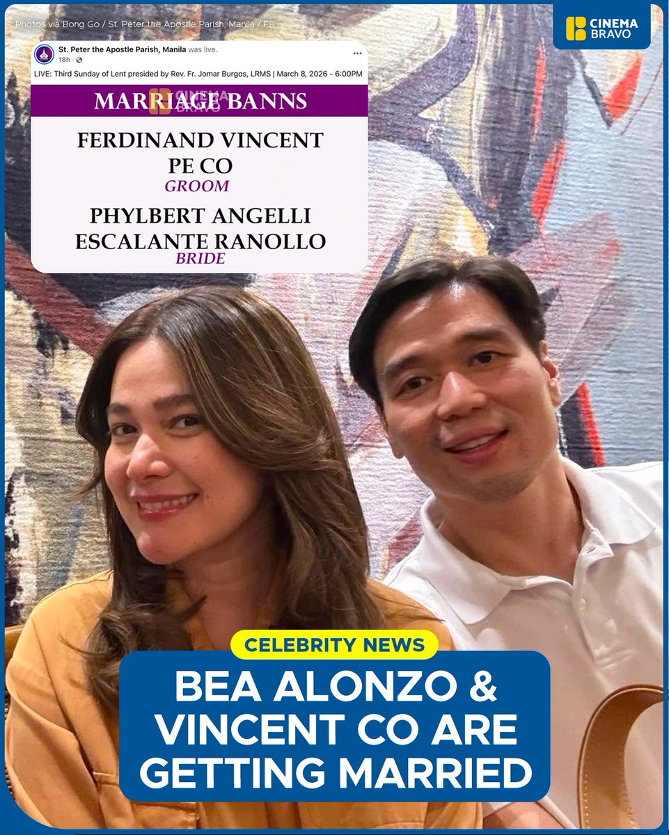 BEA ALONZO &amp; VINCENT CO TO WED IN MANILA PARISH 💍

LOOK: The wedding banns of Kapuso actress #BeaAlonzo (real name: Phylbert Angelli Escalante Ranollo) and businessman #VincentCo (real name: Ferdinand Vincent Pe Co) were announced during a Mass at St. Peter the Apostle Parish in