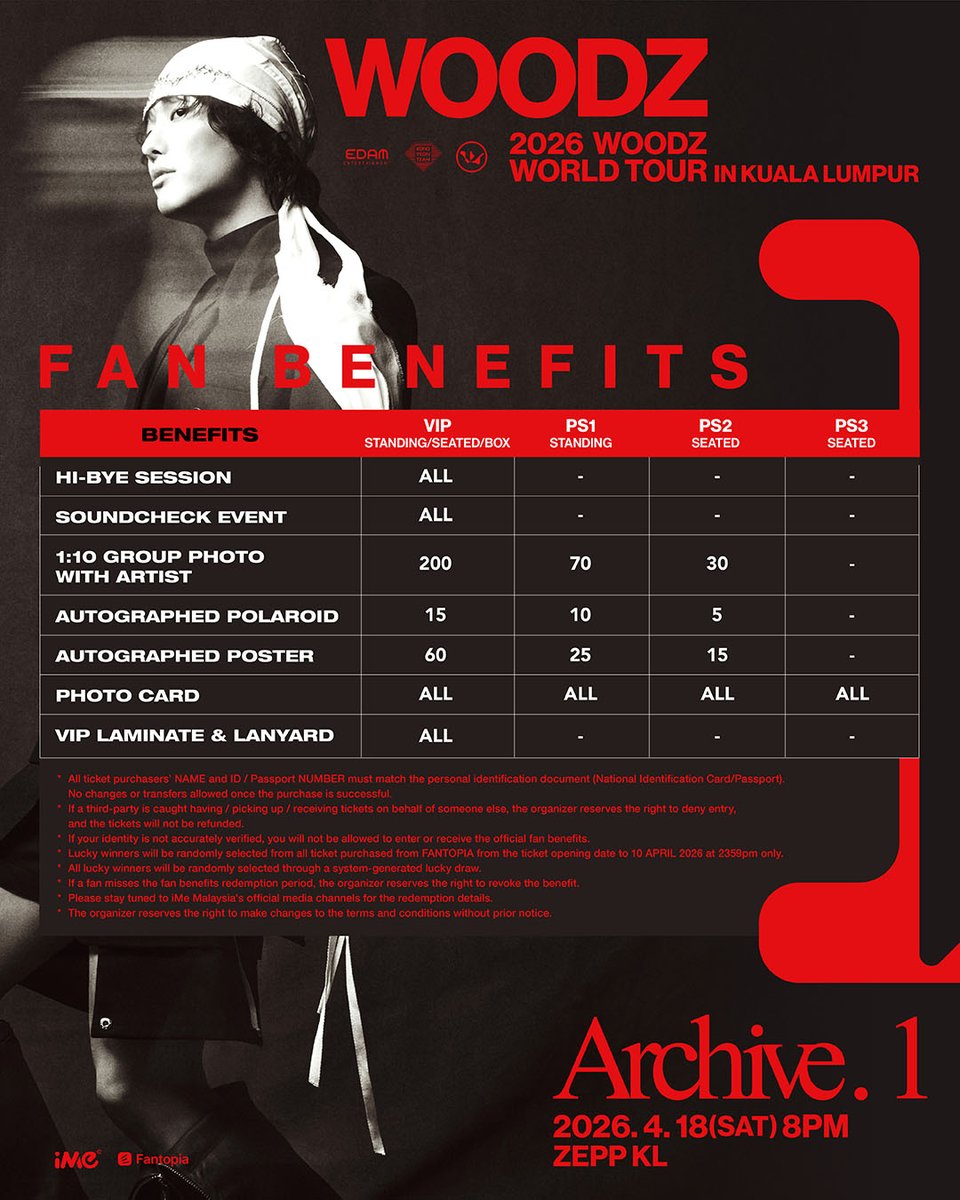MyKpopHuntress's tweet image. 2026 WOODZ WORLD TOUR＇Archive. 1＇in Kuala Lumpur 🇲🇾

📅 18 APR 2026 | SAT | 8.00pm
📍 ZEPP KL
🎟 RM798-398

✨️ Ticket OPEN ✨️ 
📅 13 MAR 2026 | FRI | 12.00PM
🔗 fantopia.io

by @imemalaysia

#WOODZ #우즈 #Archive1 #WOODZ_WORLDTOUR #WOODZinKL #WOODZinMY