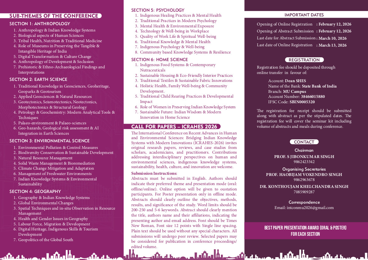 ManipurUniverse's tweet photo. 🌏International Conference on Recent Advances in Human and Environmental Sciences: Bridging Indian Knowledge System with Modern Innovations📅 16–18 March 2026
📍 Blended Mode 📝 Last date for Abstract Submission: 10 March 2026 #ManipurUniversity #InternationalConference https://t.co/ESTtYUAhCd
