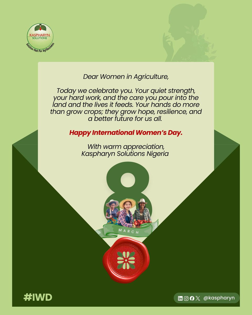 kaspharyn's tweet photo. Dear Women in Agriculture,

Today we celebrate you. Your quiet strength, your hardwork, and the care you pour into the land and the lives it feeds. Your hands do more than grow crops: they grow hope, resilience, and a better future for us all.

Happy International Women's Day https://t.co/lTiw45FwXH